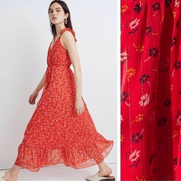 Madewell Ruffle Strap Wrap Dress Metallic Stripes Prairie Posies Red Floral - Picture 2 of 11